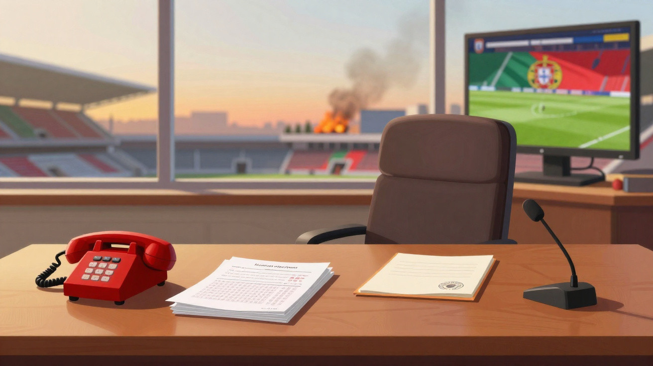 Escritório com telefone vermelho, documentos, microfone, vista de estádio com fogo e ecrã a mostrar jogo de futebol.