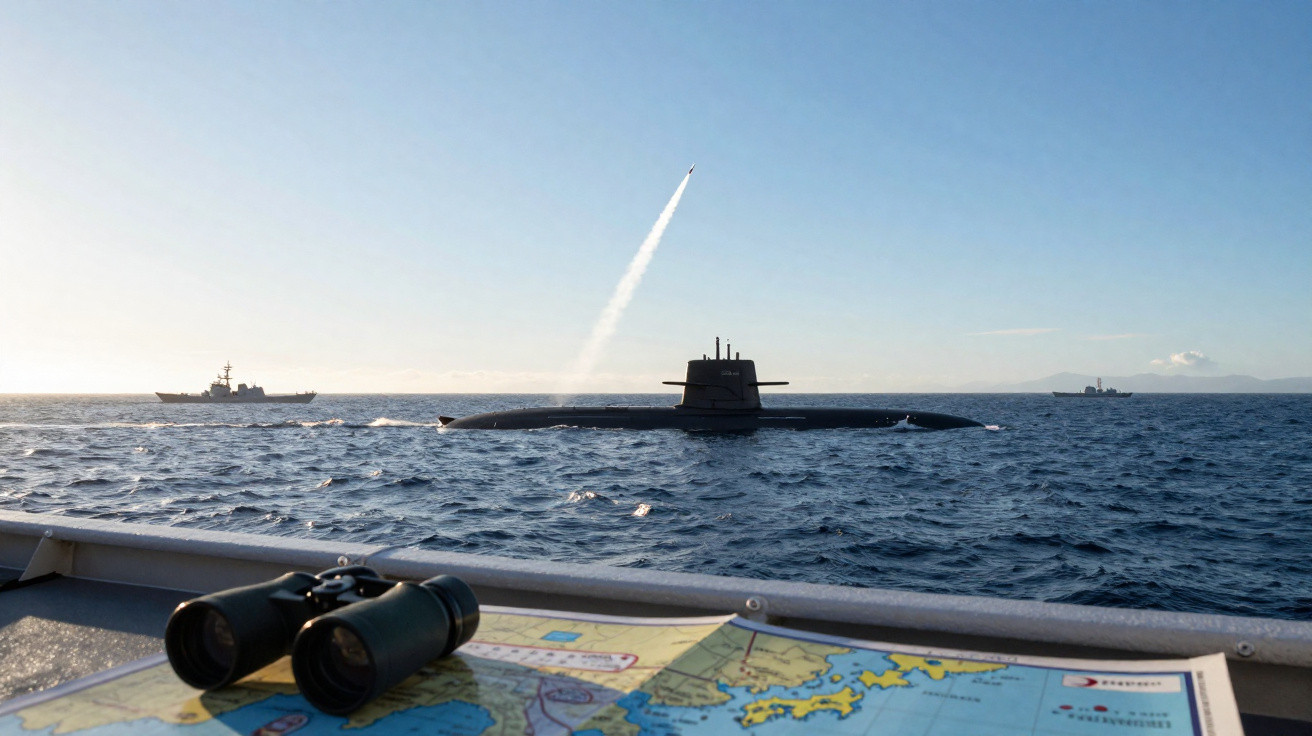 Submarino a superfície com míssil a ser lançado, navios e binóculos sobre mapa marítimo visíveis no primeiro plano.