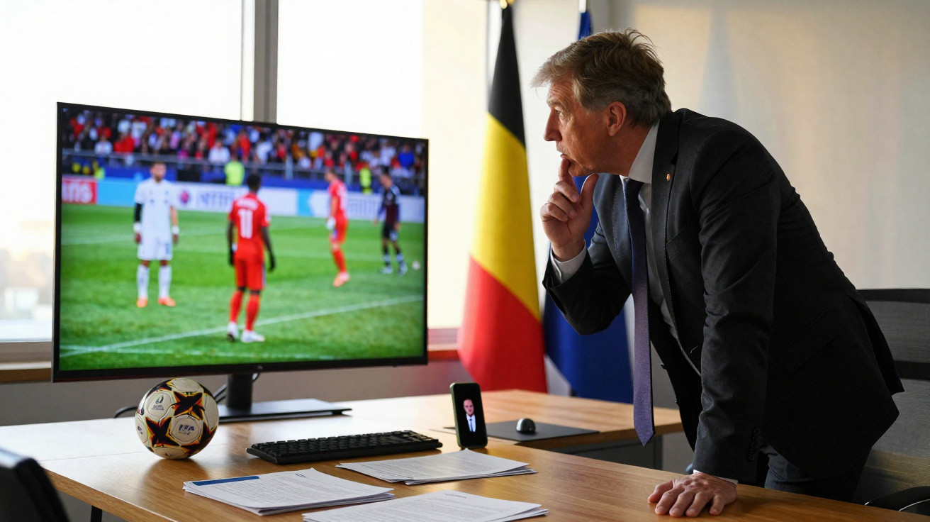 Homem de terno observa jogo de futebol num ecrã, com bandeiras da Bélgica ao fundo e bola de futebol na secretária.
