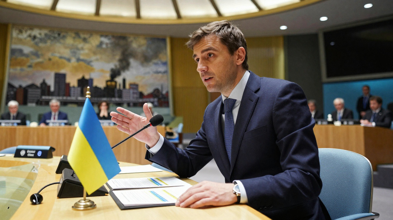 Homem em fato azul a falar num microfone, com bandeira da Ucrânia numa sala de reuniões oficial.