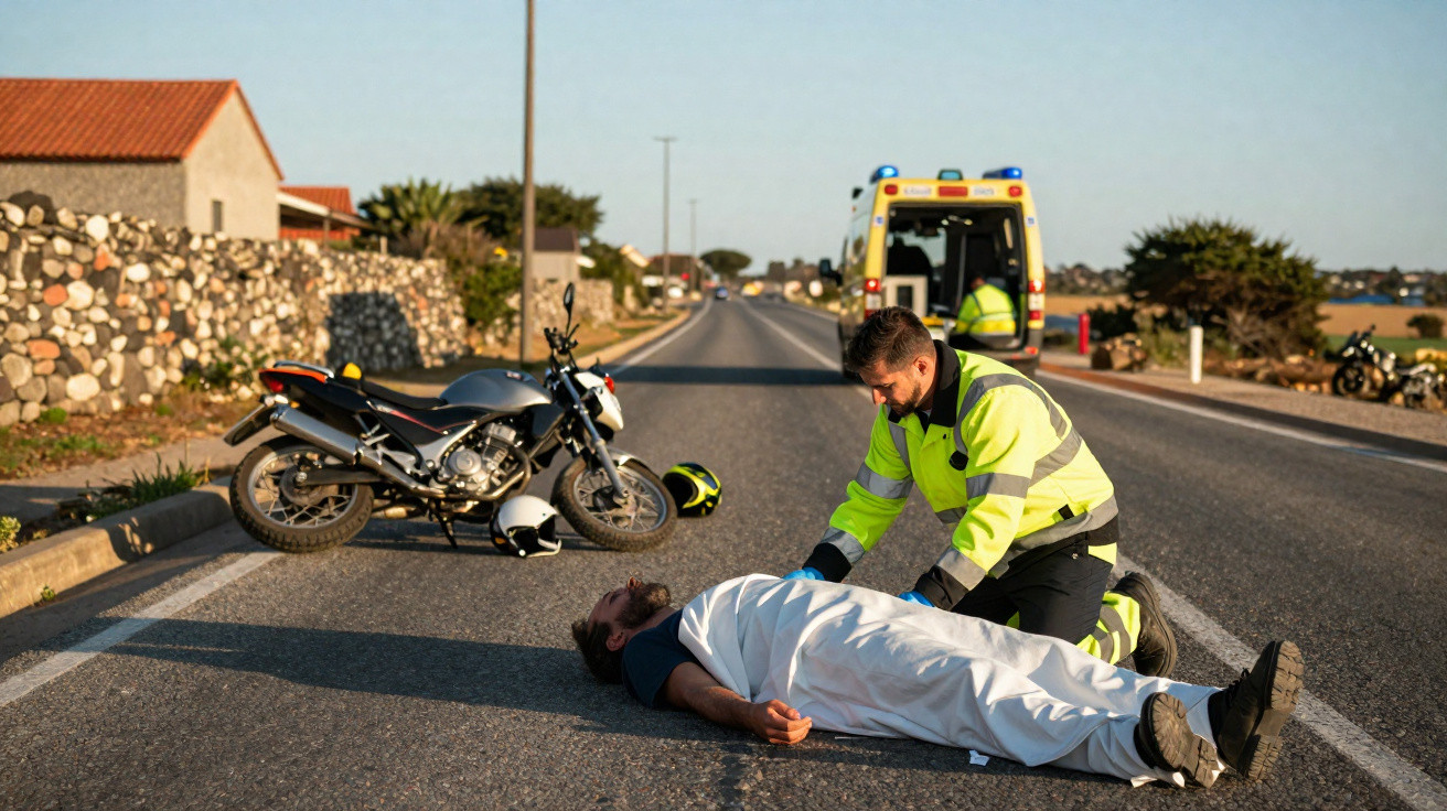 Socorrista atende vítima caída na estrada após acidente de mota com ambulância ao fundo.