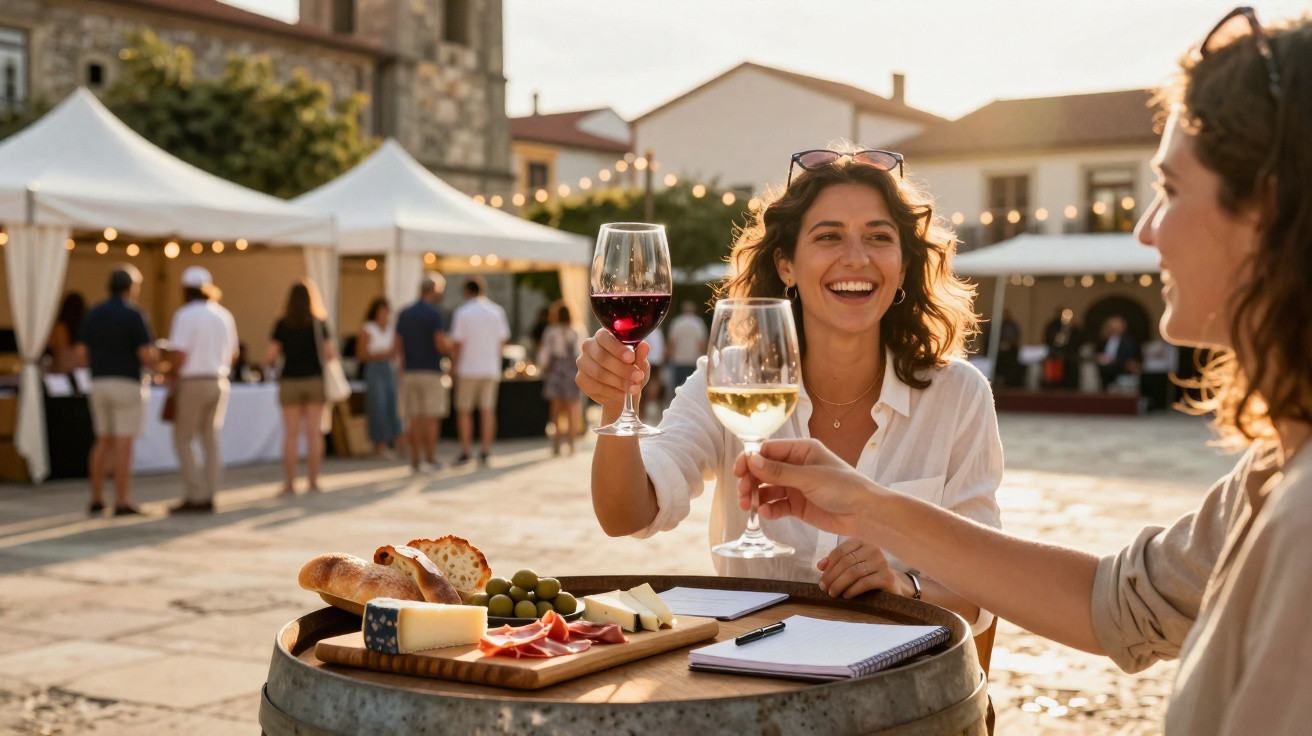 Duas mulheres brindam com copos de vinho junto a barril com tábuas de queijo, enchidos e azeitonas numa feira ao ar livre.
