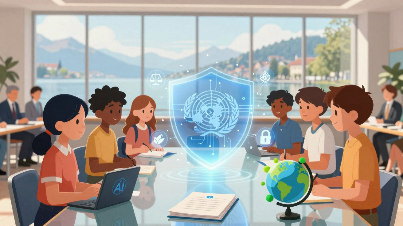 Grupo diversificado de estudantes reúne-se em redor de mesa com holograma da ONU, laptops e globo terrestre numa sala luminos