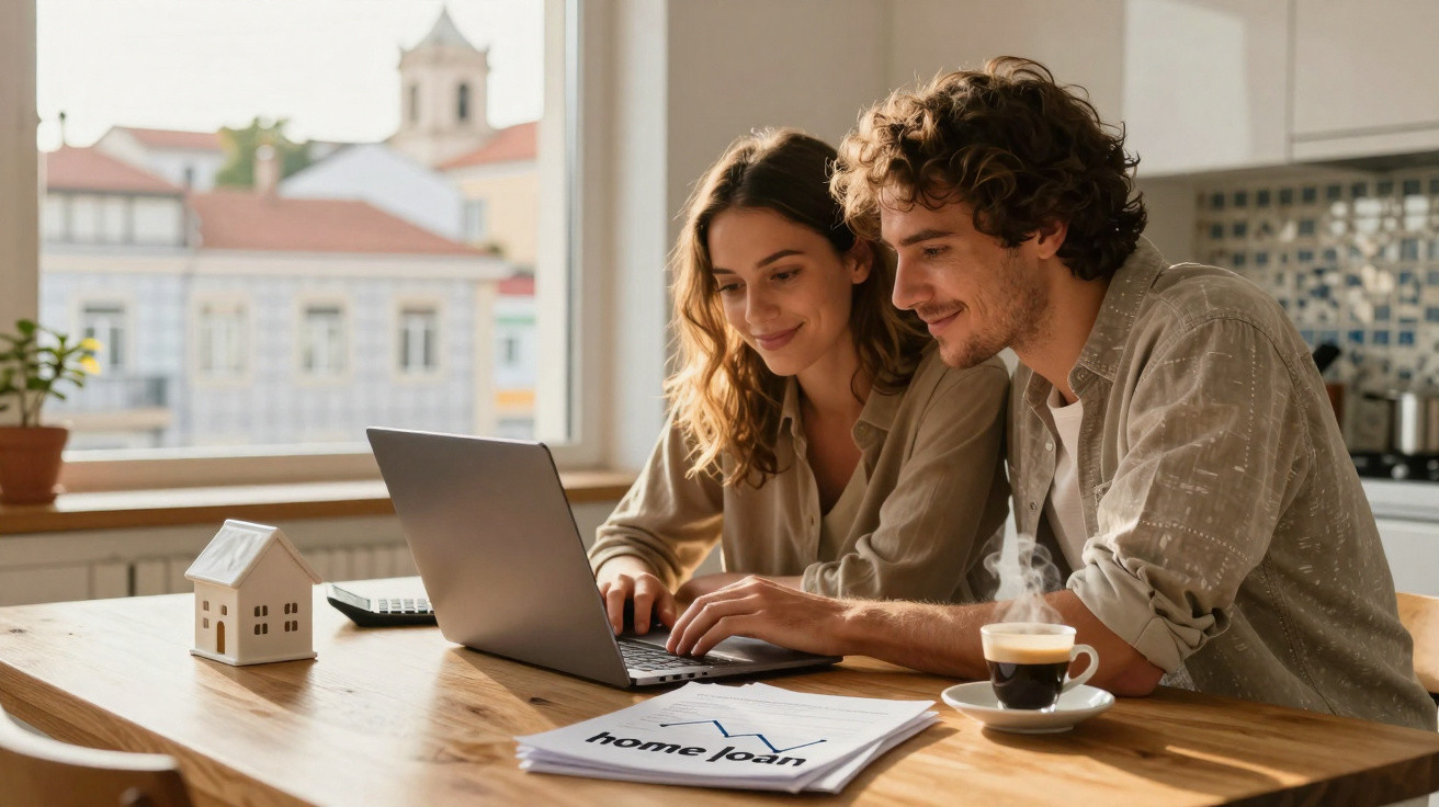 Casal jovem a consultar computador portátil em casa com documentos de empréstimo habitação numa mesa.