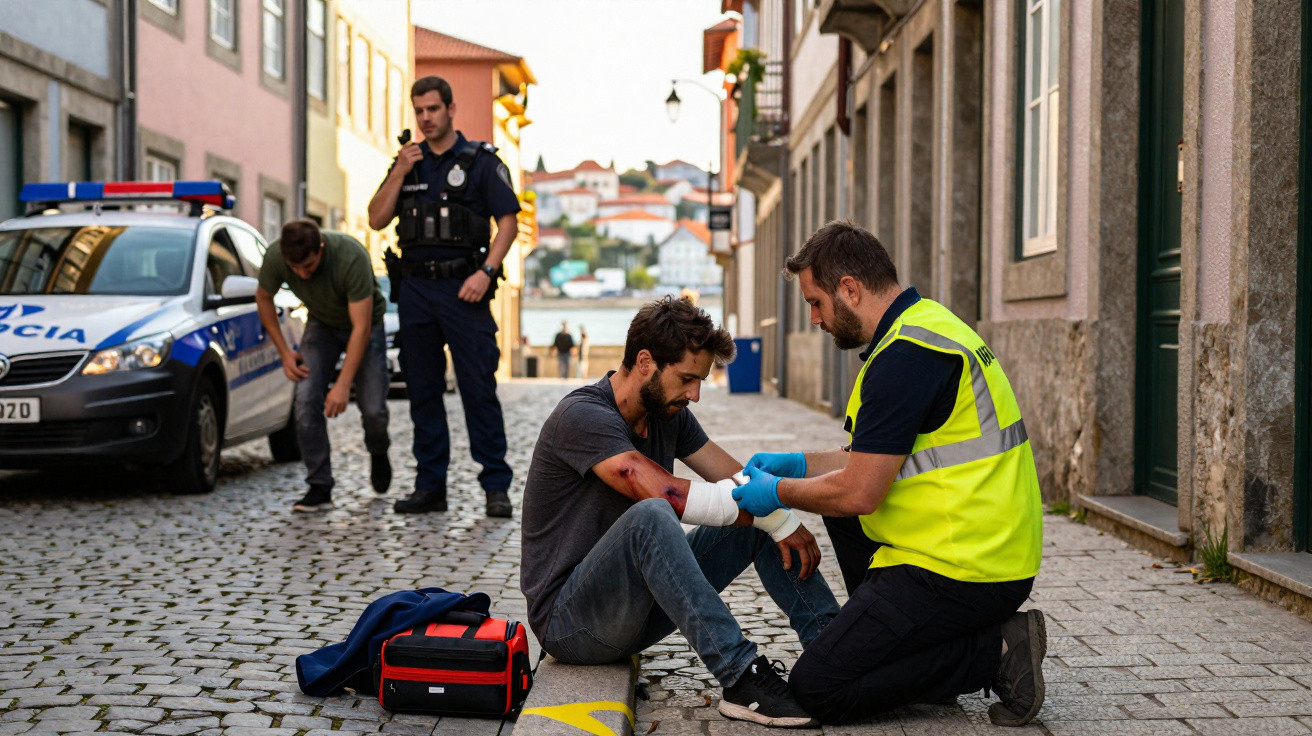 Homem ferido sentado no chão recebe ajuda de socorrista enquanto dois polícias observam perto de viatura.
