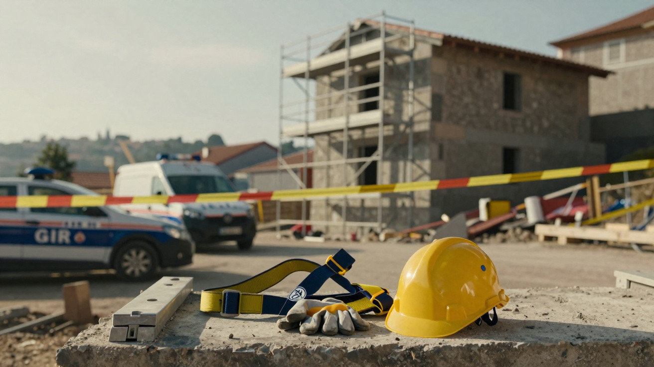 Capacete amarelo, luvas e cinto de segurança sobre pedra em obra com viaturas de emergência ao fundo.