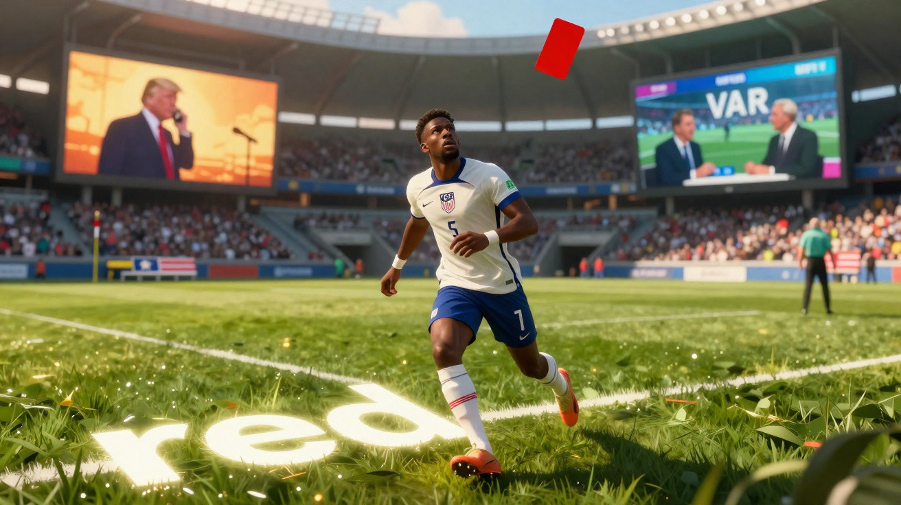 Jogador de futebol americano em campo a olhar para um cartão vermelho numa grande estádio cheio.