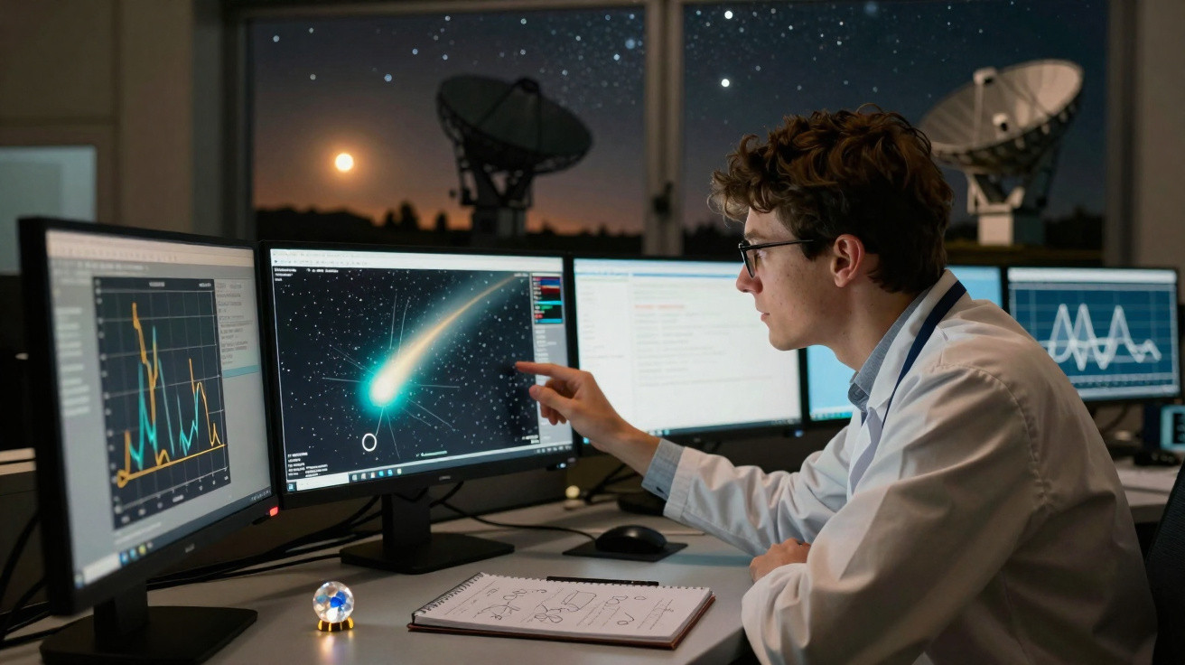Cientista observa imagens de cometa em vários ecrãs num laboratório com antenas parabólicas e céu estrelado à noite.