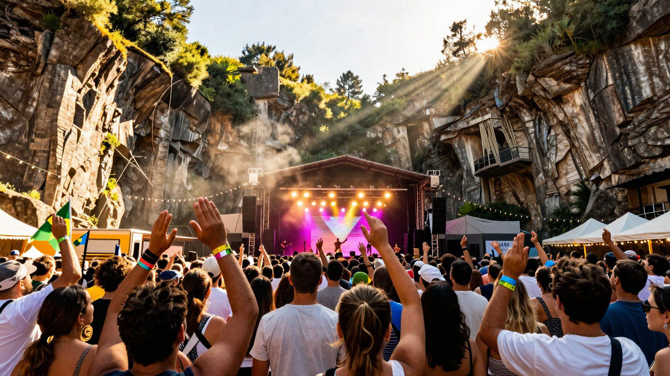 Concerto ao ar livre num anfiteatro natural rodeado de falésias, com público animado e luzes coloridas no palco.