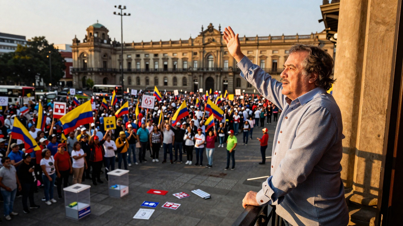 Homem acenando na varanda durante manifestação com bandeiras da Colômbia e pessoas na praça perante edifício histórico.