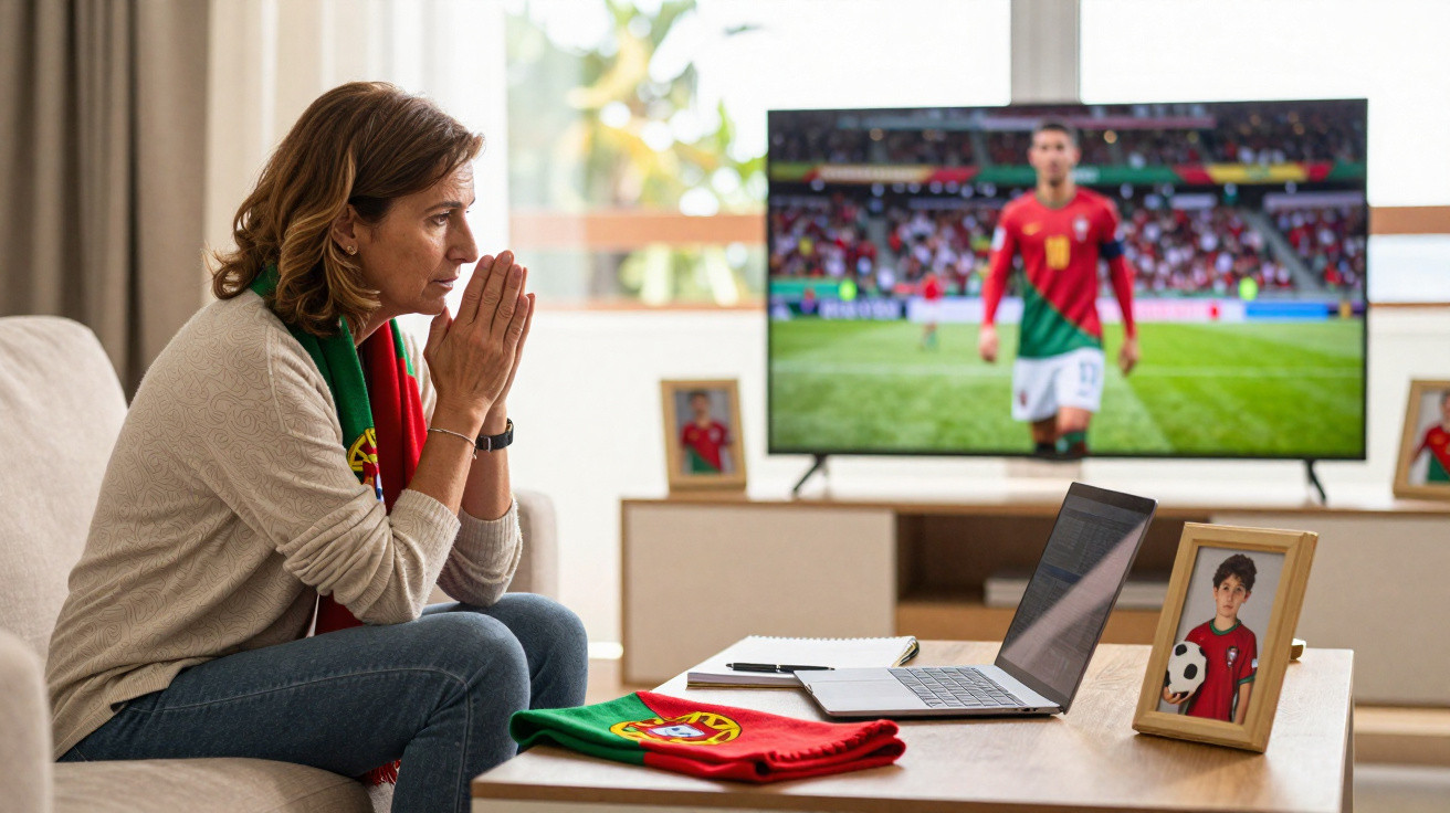 Mulher a torcer sentada no sofá com cachecol de Portugal, a ver jogo de futebol na televisão em casa.