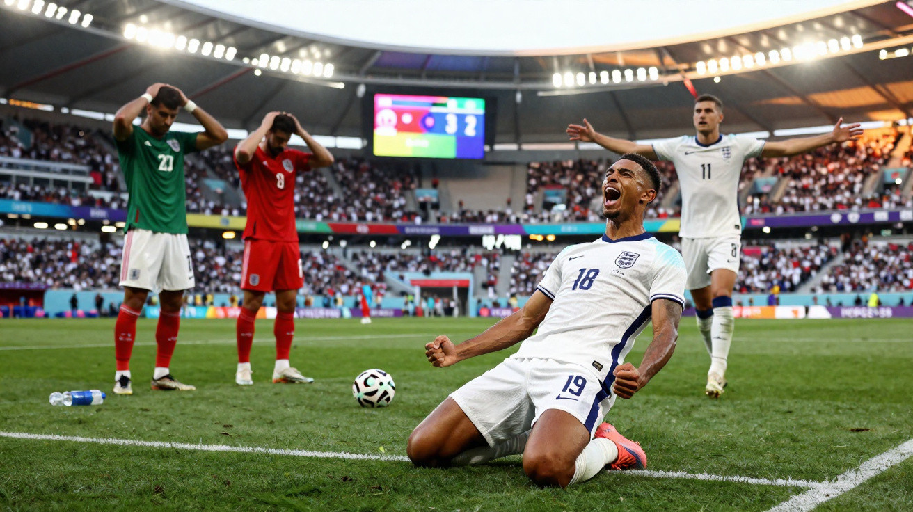Jogador inglês celebra golo de joelho com jogadores mexicanos desapontados no estádio cheio.