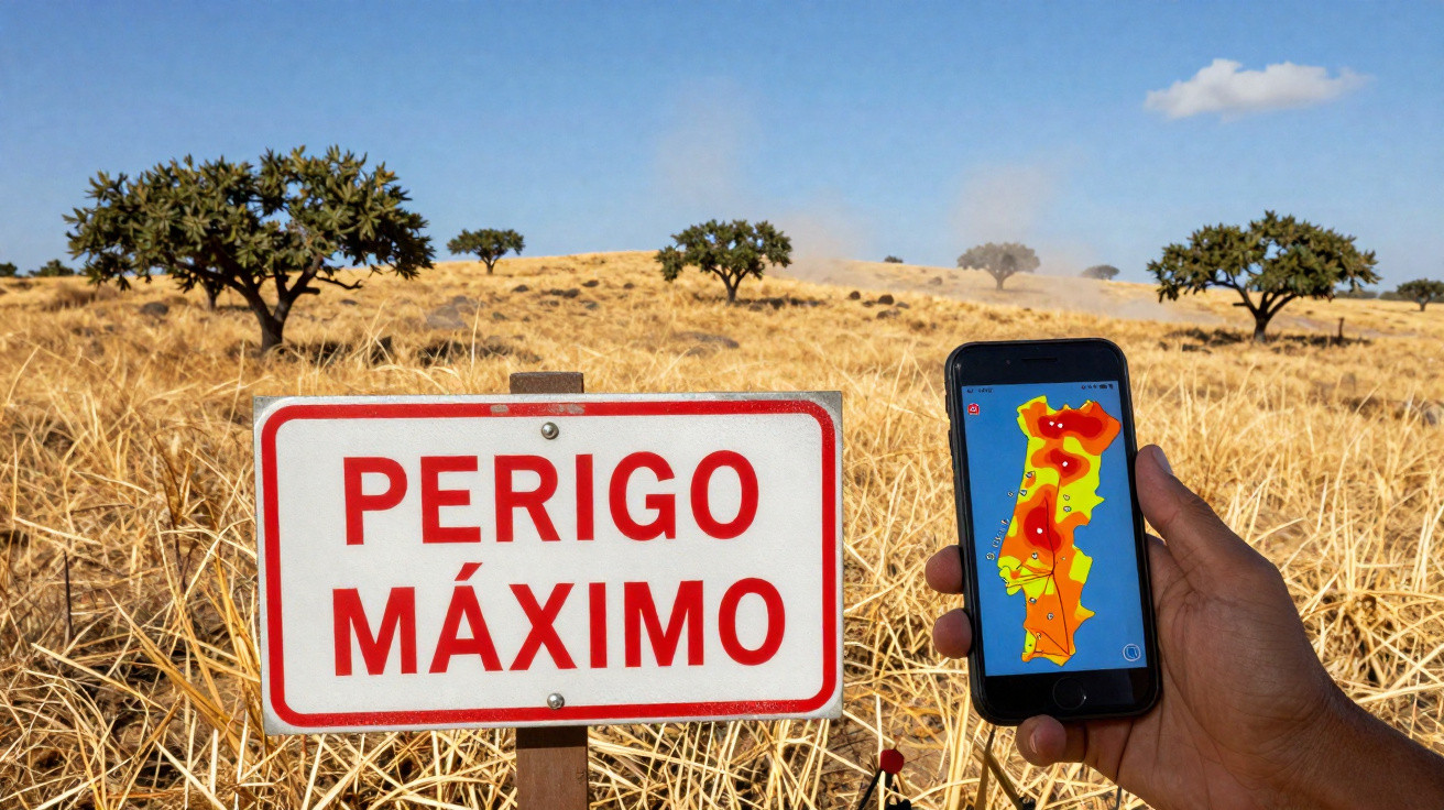 Sinal de aviso “Perigo Máximo” numa zona seca com árvores e mapa de risco de incêndio num telemóvel.