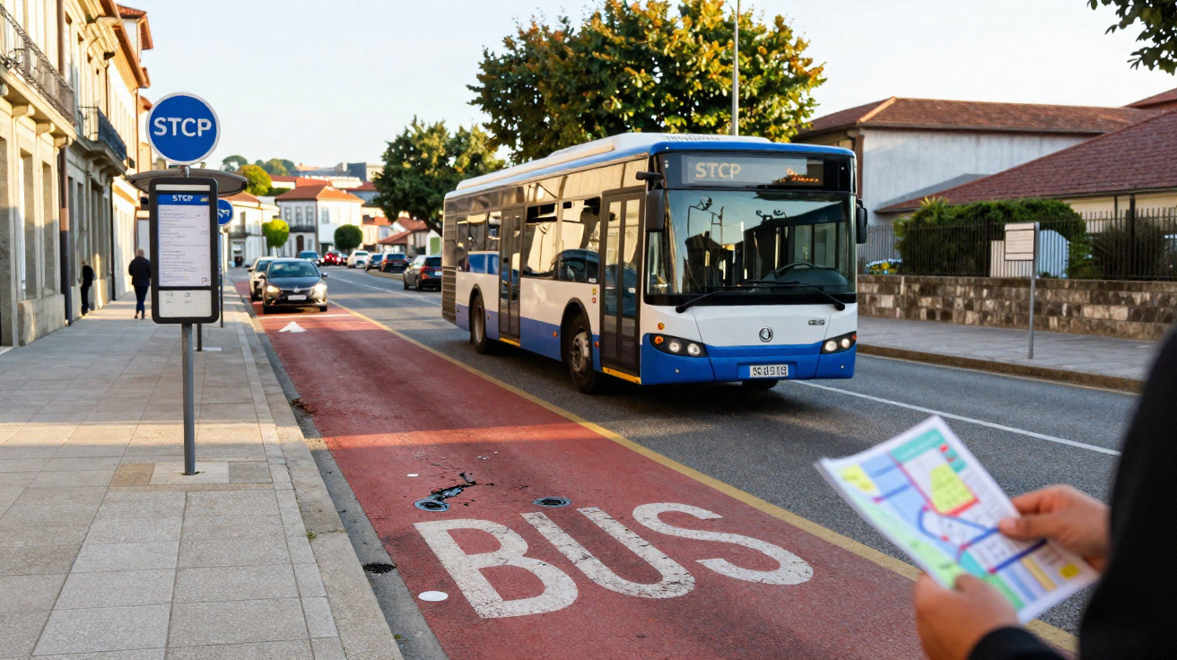 Autocarro azul e branco STCP circula numa rua com via exclusiva para autocarro assinalada a vermelho.