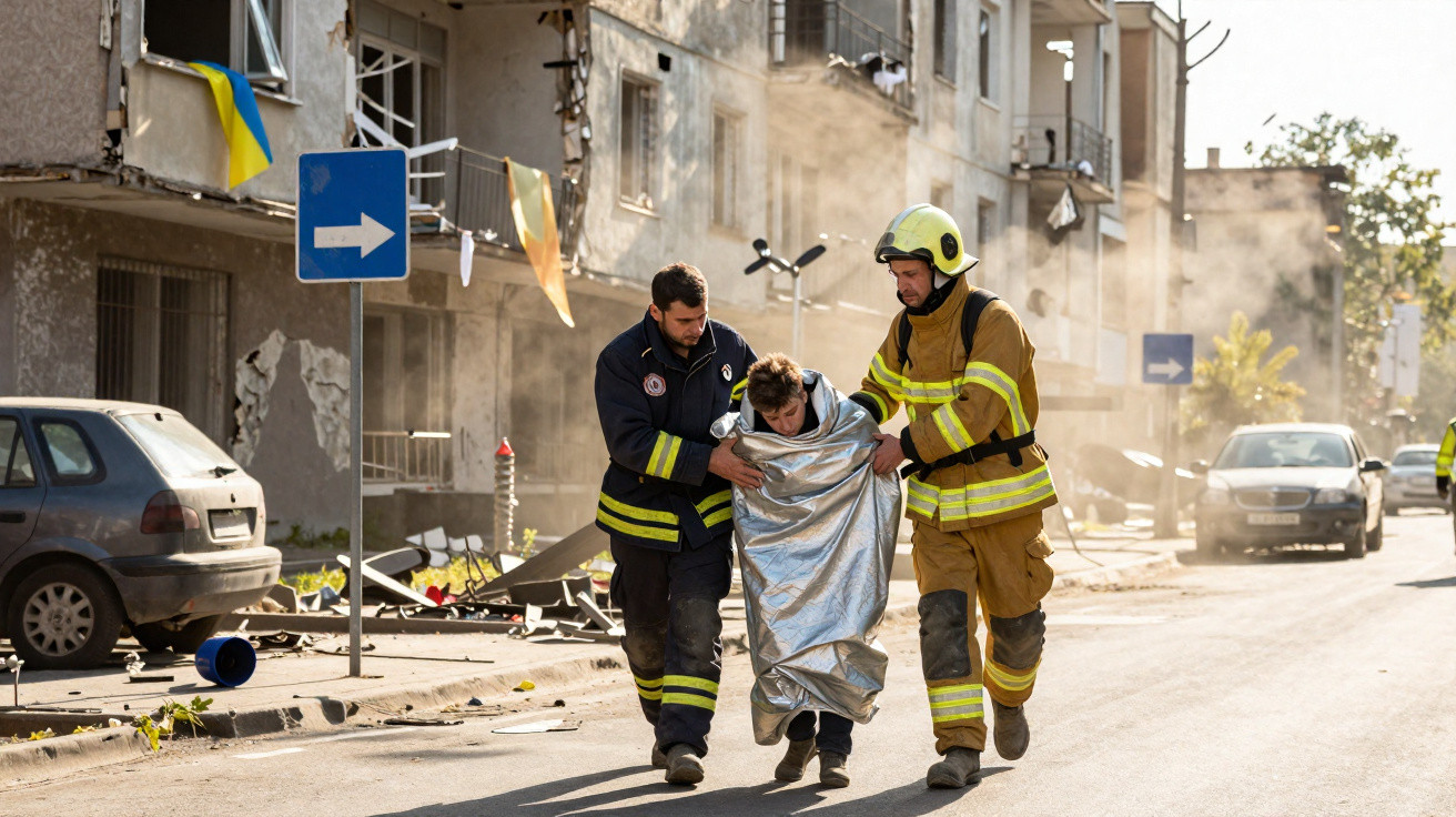 Dois bombeiros ajudam uma pessoa envolvida em manta térmica numa rua com destroços e edifícios danificados.