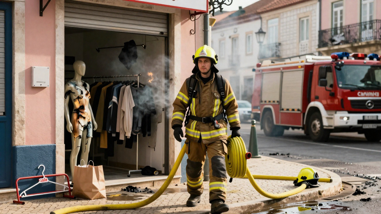 Bombeiro com equipamento completo e mangueira na mão caminha em frente a loja com fumo e fogo, carro de bombeiros ao fundo.