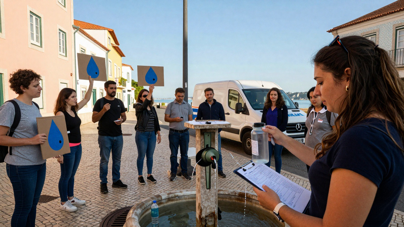 Grupo de pessoas numa rua com cartazes de gota azul, recolhendo água de uma fonte para análise.