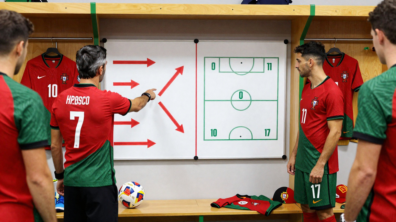 Treinador da seleção de Portugal orienta jogadores com esquema tático numa sala de vestiário.
