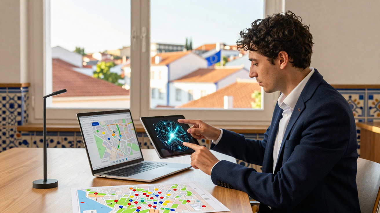 Homem a analisar mapas digitais e físicos numa mesa com laptop e tablet, junto a janela com vista urbana.