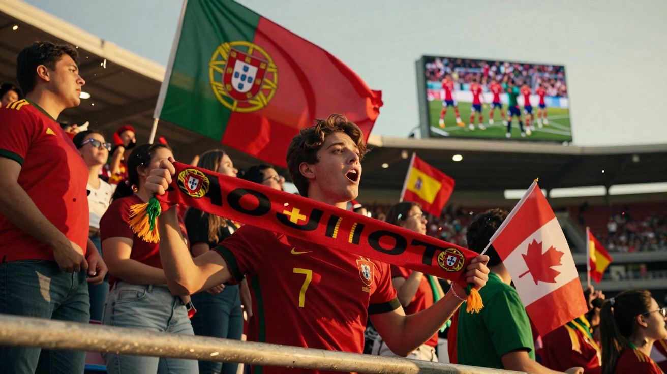 Adepto com camisola de Portugal e cachecol a apoiar equipa, com bandeiras de Portugal, Espanha e Canadá no estádio.