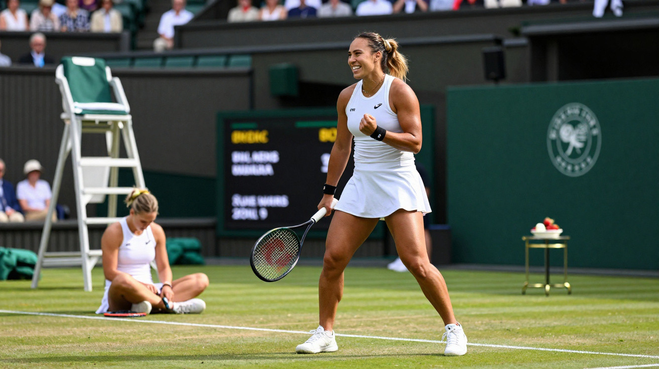 Jogadora de ténis de branco celebra ponto no relvado durante partida em Wimbledon.