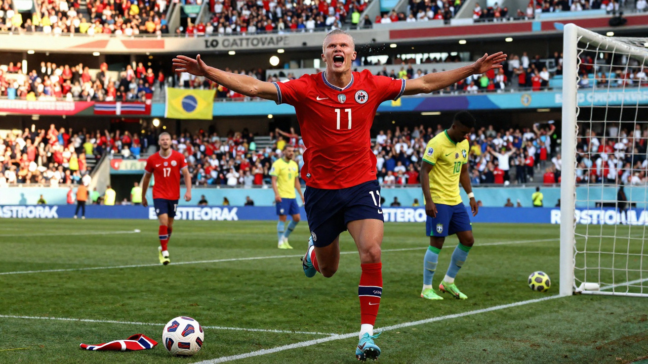 Jogador de futebol norueguês celebra golo contra Brasil numa partida num estádio cheio.