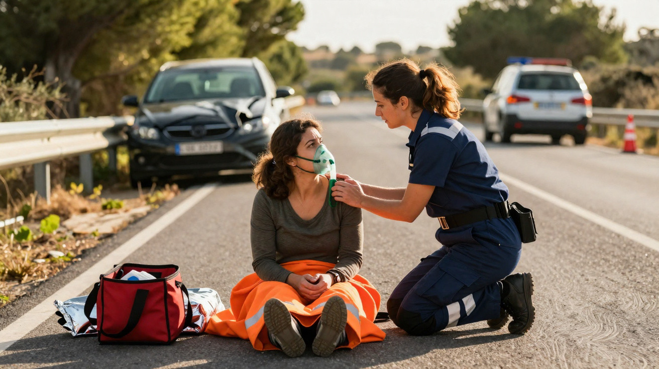 Mulher socorrista apoia vítima sentada na estrada após acidente de carro com danos visíveis na viatura.