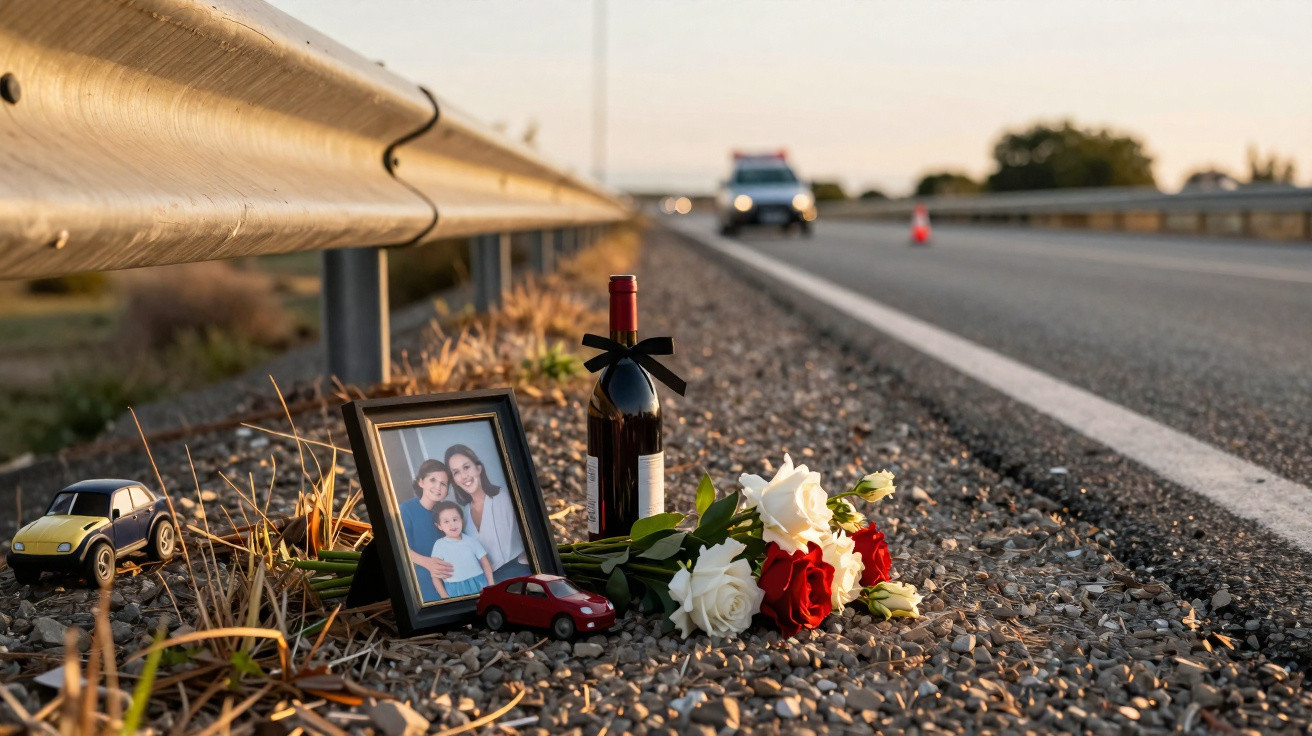 Memorial com foto de família, flores, garrafa de vinho e brinquedos junto a uma estrada.