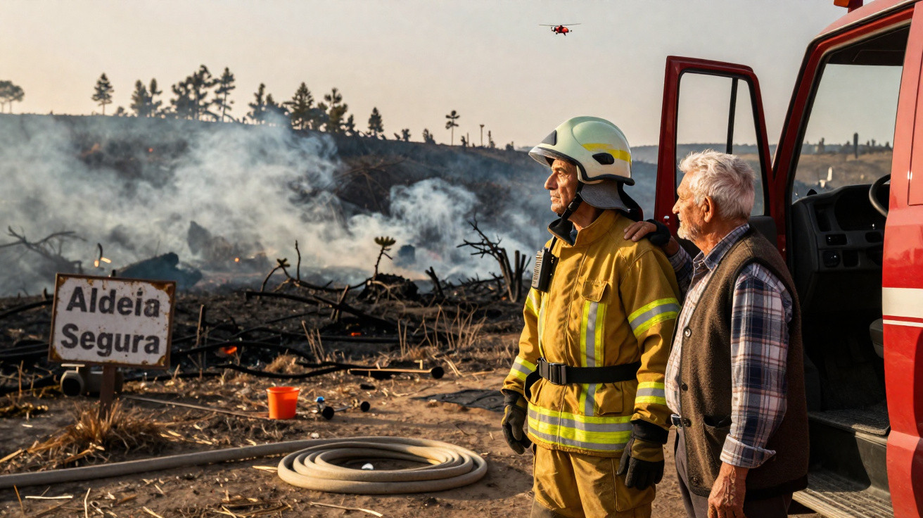 Bombeiro e idoso observam incêndio numa área devastada com sinal de Aldeia Segura e nuvens de fumo.