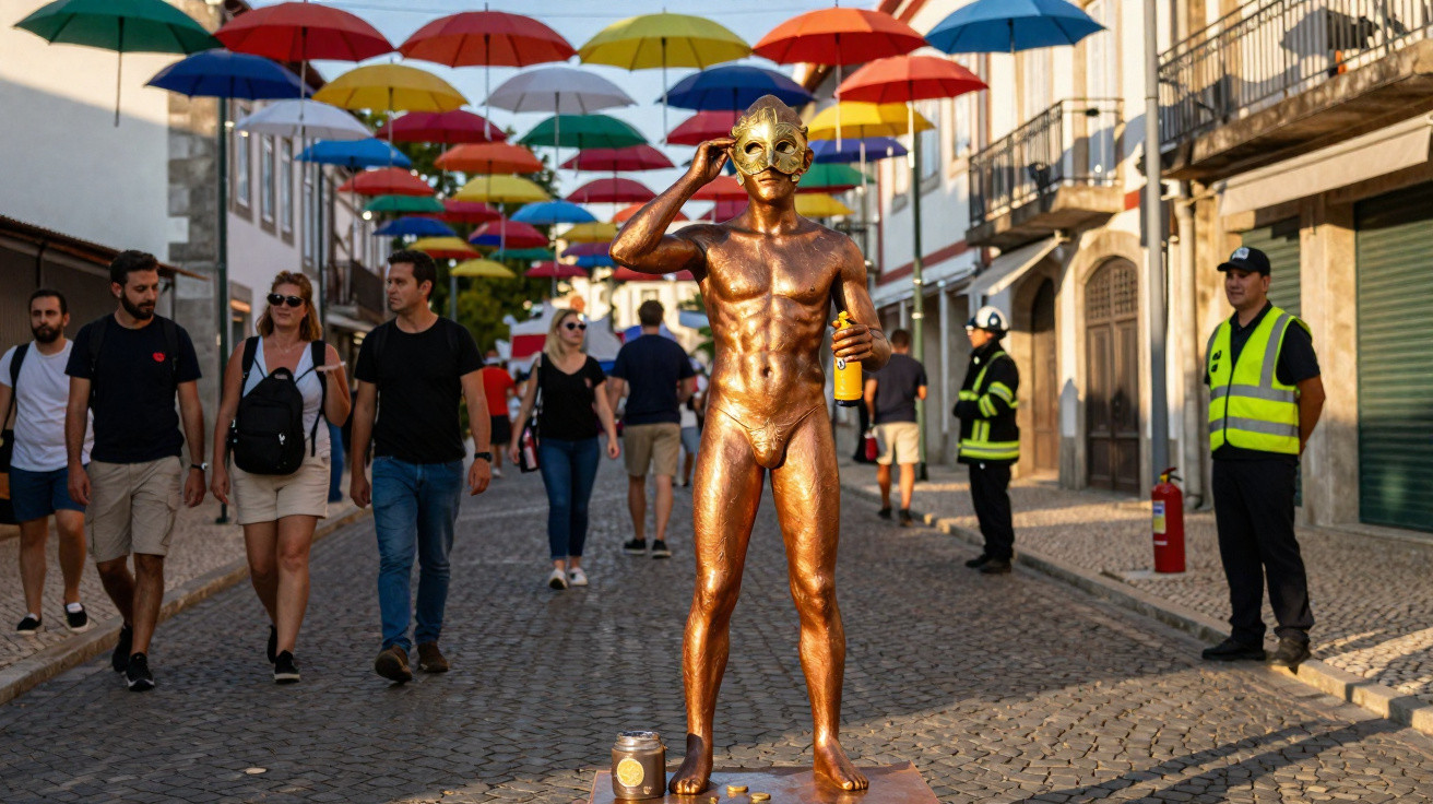 Pessoa com corpo pintado de dourado e máscara faz estátua humana numa rua decorada com guarda-chuvas coloridos suspensos.