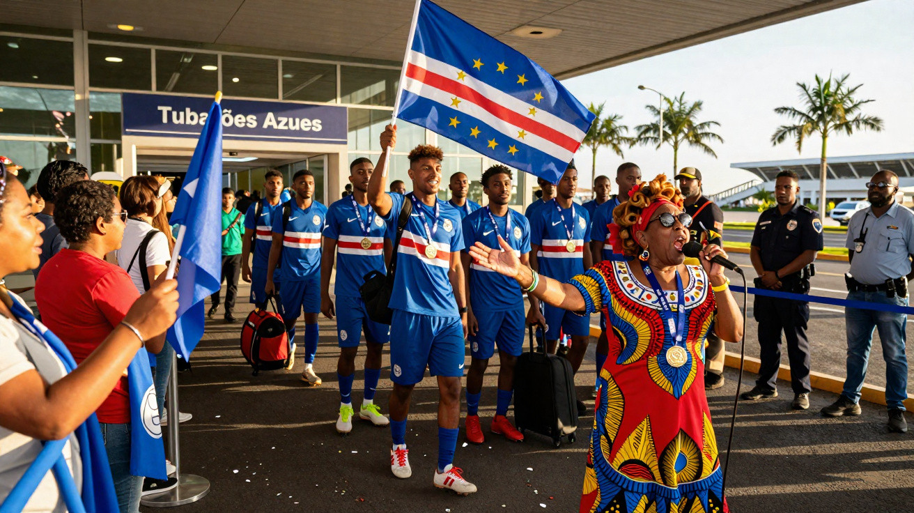 Equipa de futebol de Cabo Verde chegada ao aeroporto, com bandeira nacional e pessoas a celebrar.