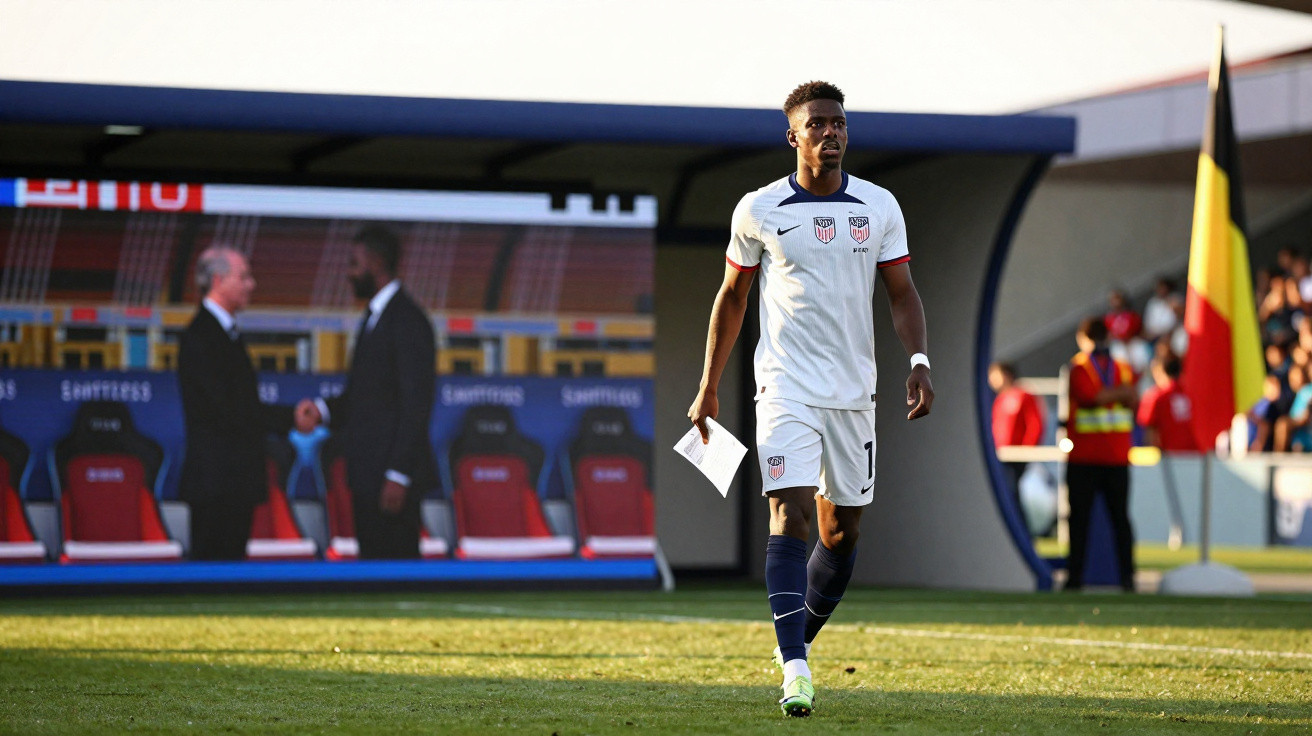 Jogador de futebol em campo com uniforme branco e camisola número 7, segurando papel na mão.