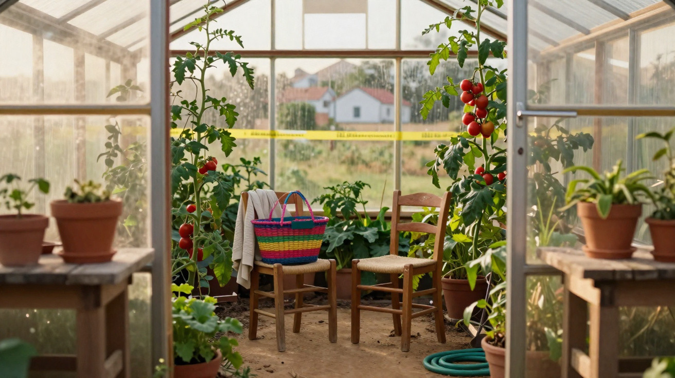 Interior de estufa com plantas em vasos, tomates maduros, duas cadeiras em madeira e uma cesta colorida.