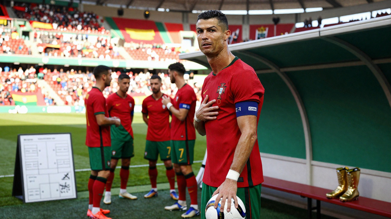 Jogador de futebol com braçadeira de capitão segurando bola, equipe ao fundo em estádio.