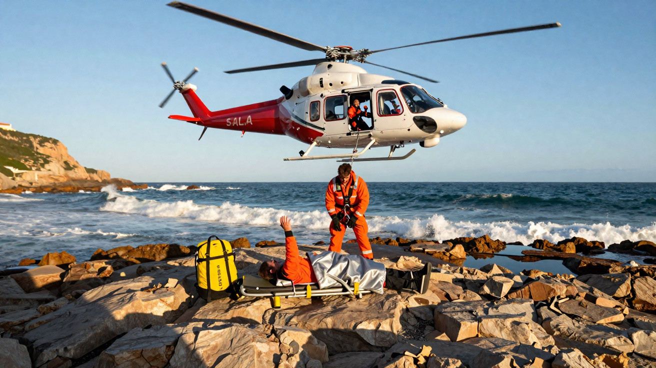 Helicóptero de resgate a sobrevoar costa rochosa com equipa a socorrer pessoa numa maca.