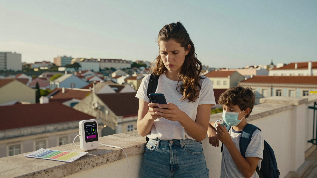 Mulher e menino com mochila num terraço, ela usa telemóvel e ele máscara e inalador médico.