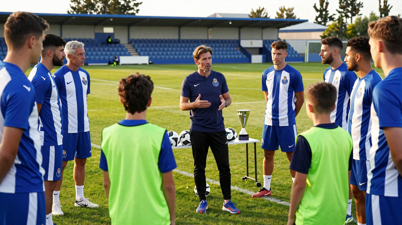 Treinador a falar com equipa de futebol no campo, jogadores em camisolas azuis e brancas atentos.