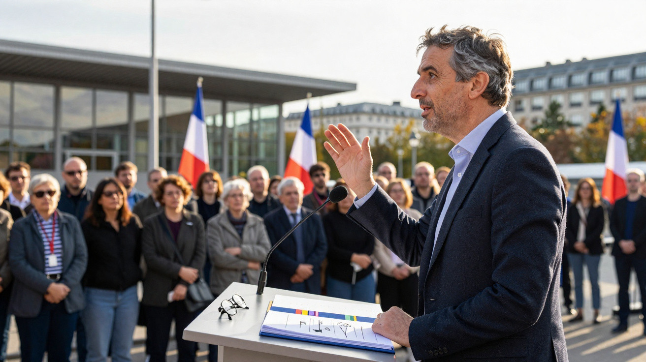 Homem fala ao microfone para um grupo de pessoas em evento ao ar livre com bandeiras de França ao fundo.