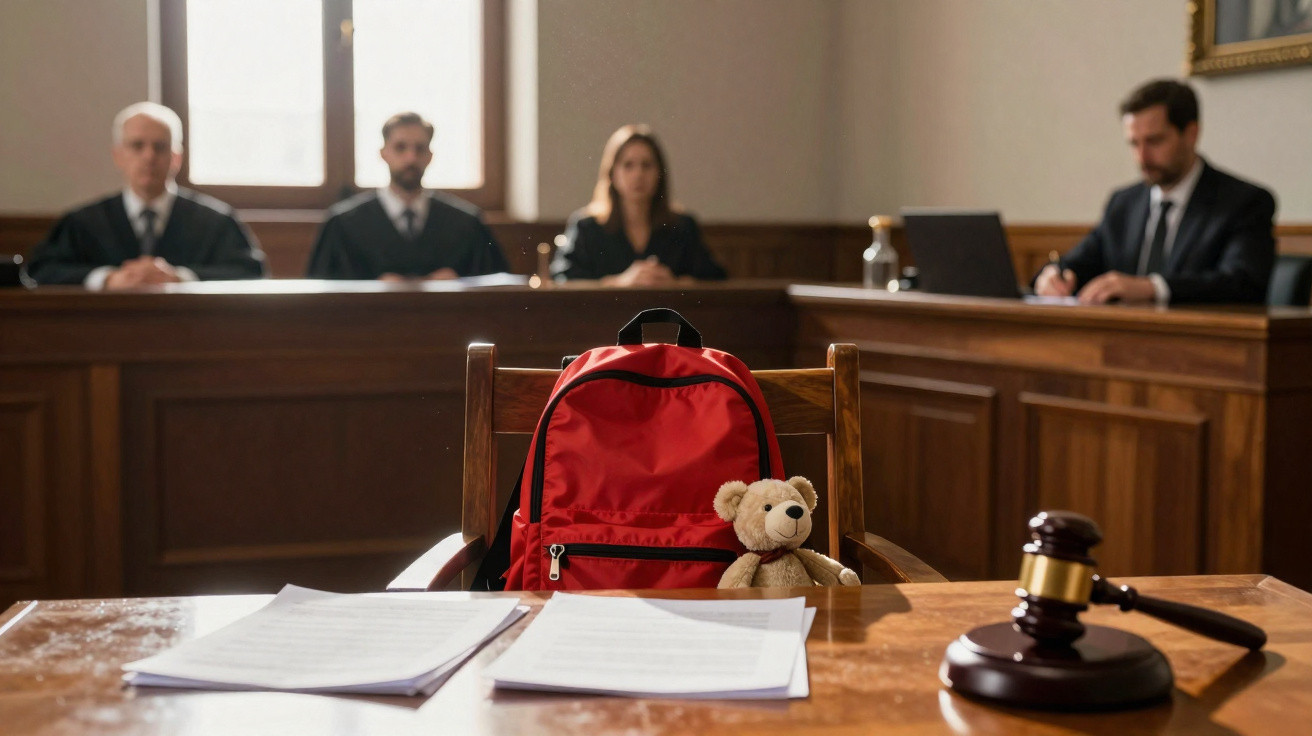 Mochila vermelha com urso de peluche em cadeira de tribunal, com juízes e advogado ao fundo.
