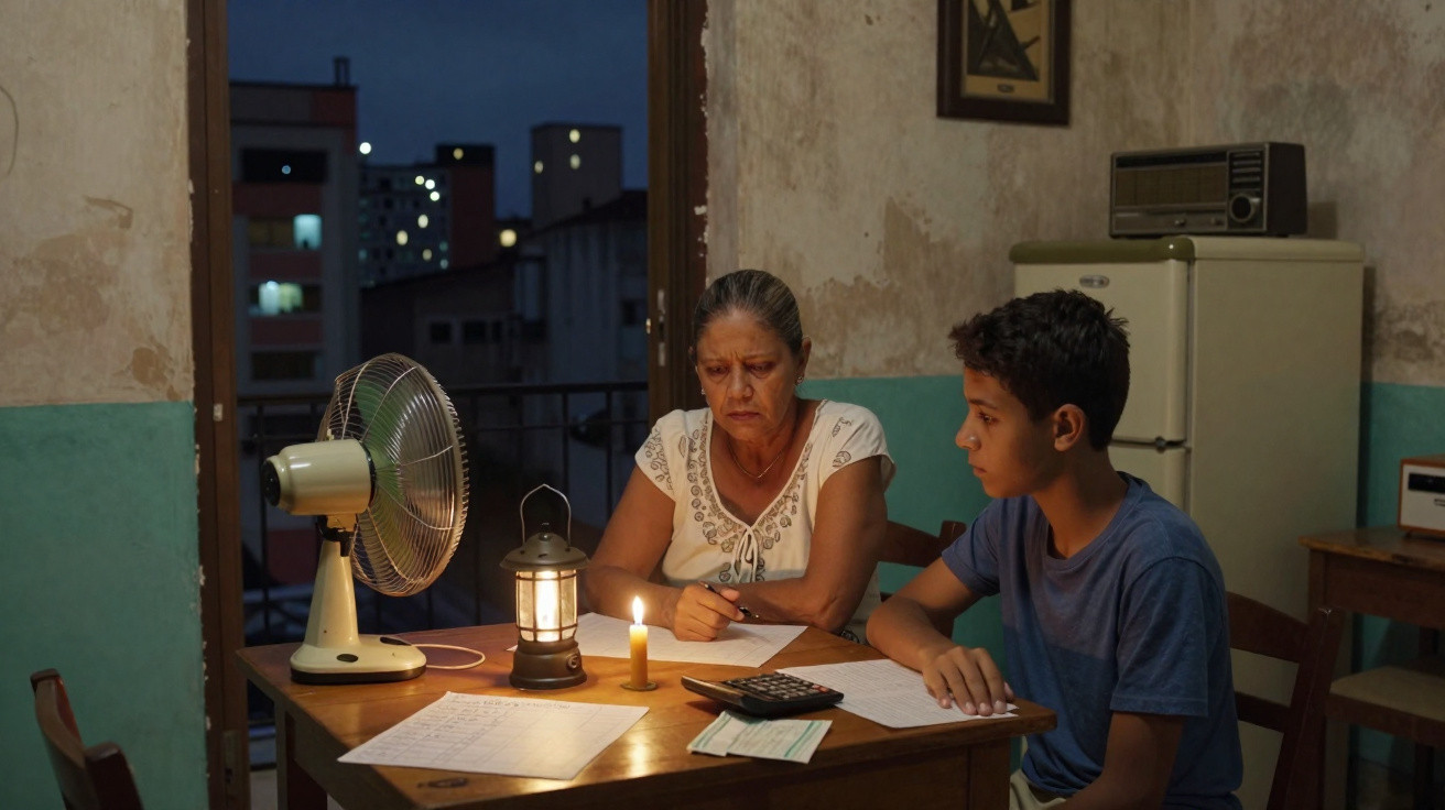 Senhora e rapaz numa sala modesta a fazer contas à luz de vela e candeeiro, com ventilador e rádio na mesa.