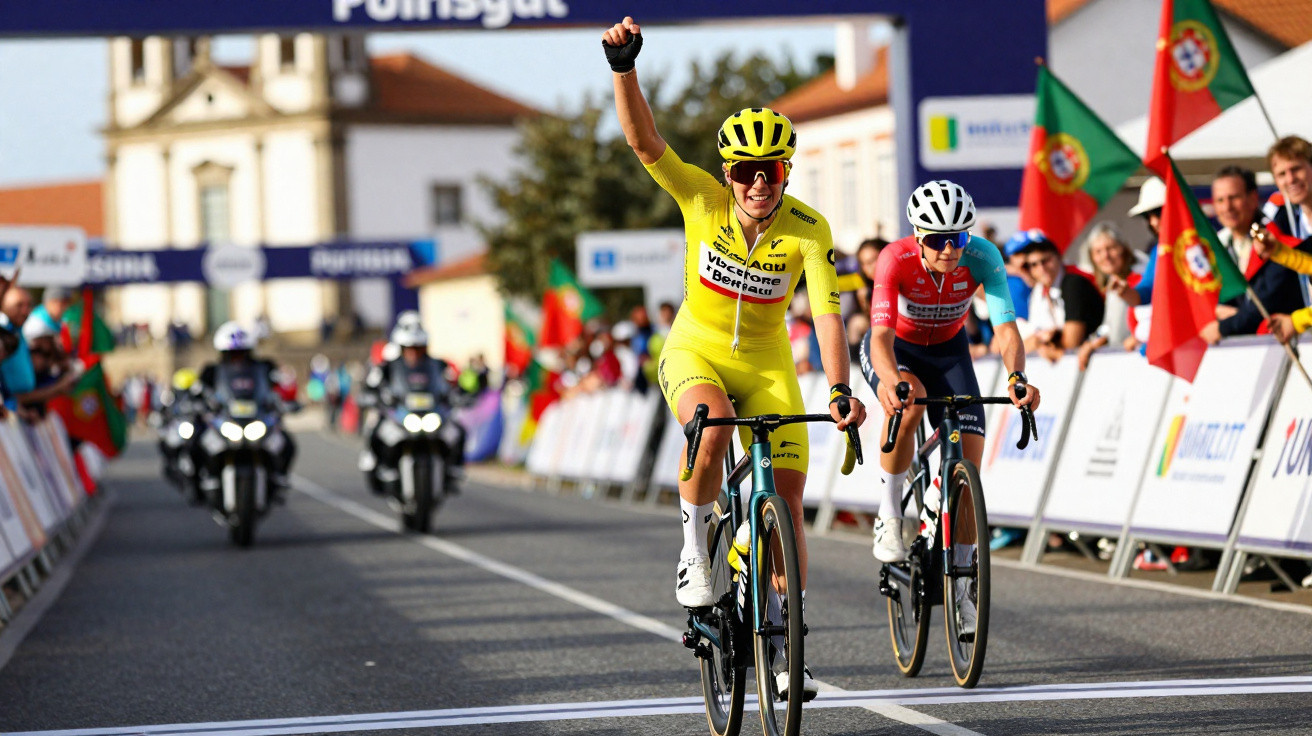 Ciclista em fato amarelo celebra vitória na linha de chegada com público e bandeiras de Portugal ao fundo.