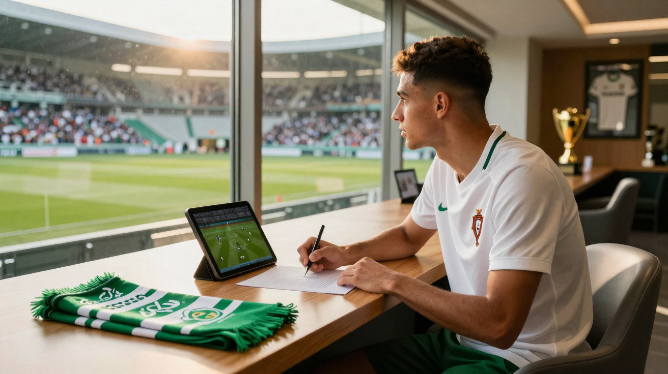 Jovem observa jogo de futebol num tablet e faz anotações sentado numa bancada com vista para o estádio.