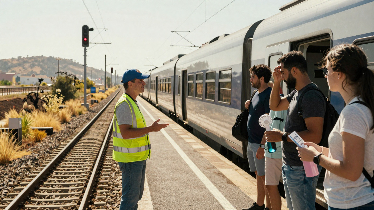 Funcionário ferroviário com colete refletor a falar com três passageiros junto a comboio parado na estação.