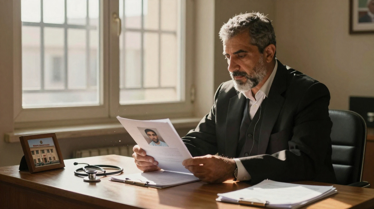 Homem de barba cinzenta sentado à secretária a ler documentos num escritório com luz natural.