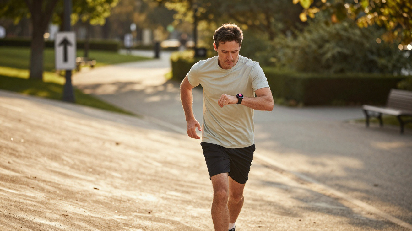 Homem a correr em parque ensolarado, a olhar para o relógio no pulso esquerdo.