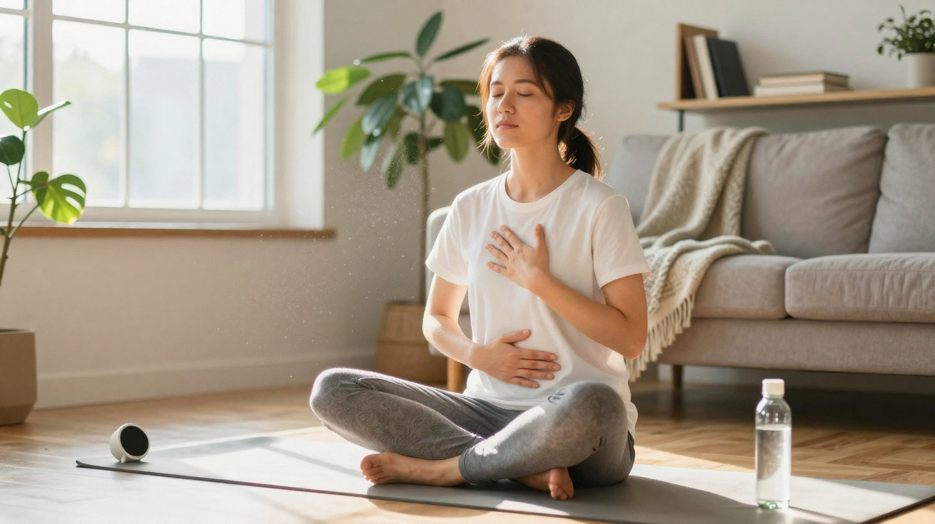 Mulher sentada em posição de yoga meditando, com as mãos no peito e abdómen numa sala iluminada.