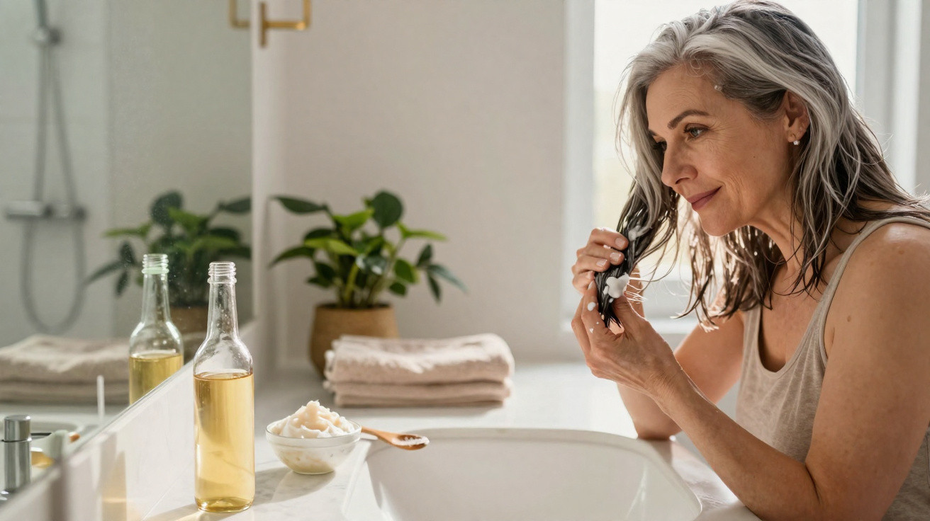 Mulher aplicando creme no cabelo num lavatório moderno com plantas e toalhas ao fundo.