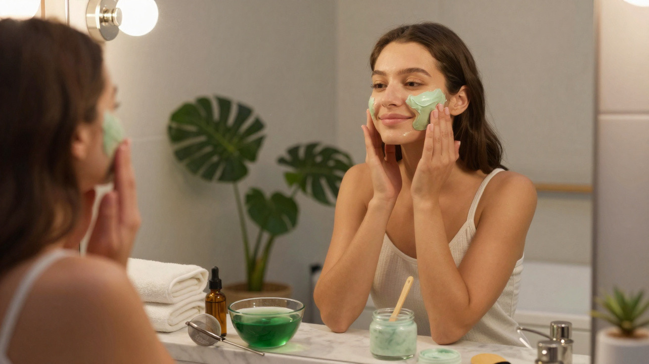 Mulher a aplicar máscara facial verde, sentada à frente de um espelho numa casa de banho moderna.