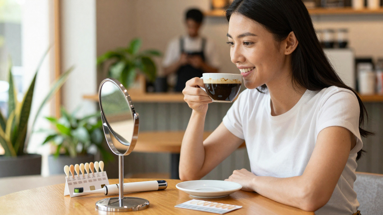 Mulher sorridente a beber café numa mesa com espelho e teste de fertilidade num café acolhedor.