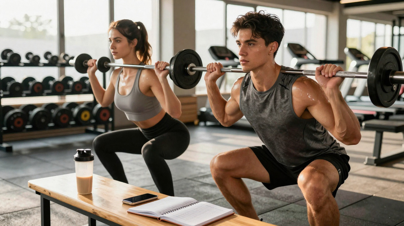 Jovem homem e mulher a fazer agachamentos com barra numa academia bem iluminada, perto de banco com garrafa e caderno.